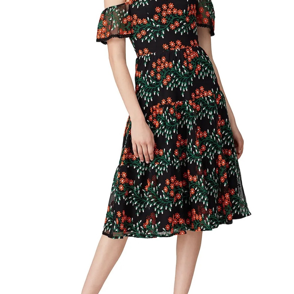 Dress the Population River Dress Orange Red Off-Shoulder Puff Sleeve Midi Dress